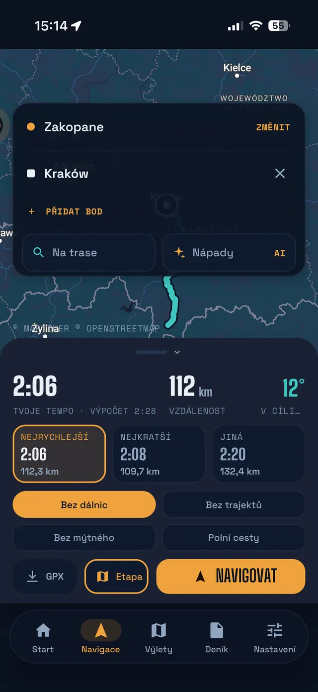 Navigace: tři varianty trasy Zakopane – Kraków s časem a vzdáleností