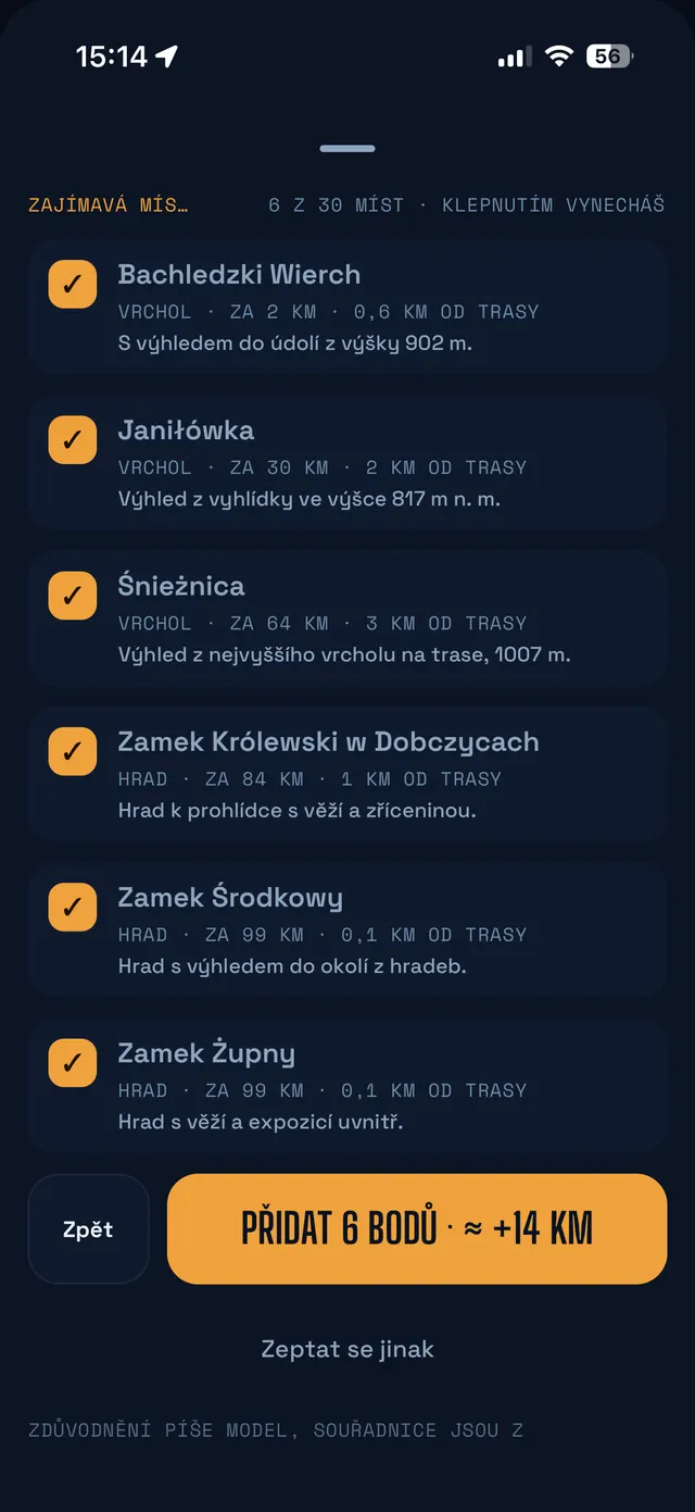 Nápady na trasu: vrcholy a hrady u trasy se vzdáleností a krátkým zdůvodněním