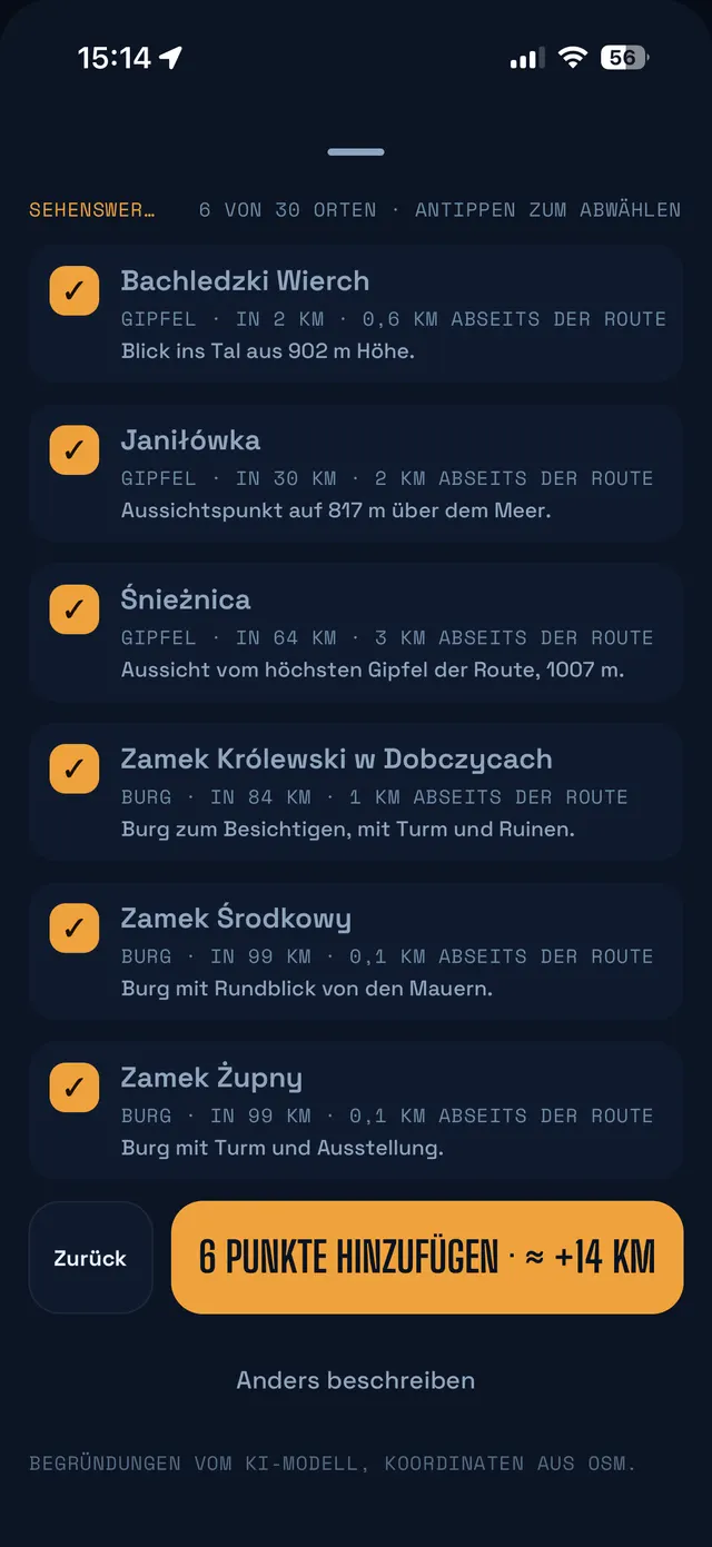 Routenideen: Gipfel und Burgen an der Route, mit Entfernung zur Route