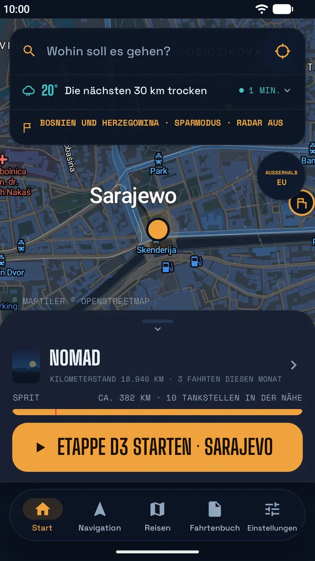 Startbildschirm in Sarajevo: Wetter, Sparmodus außerhalb der EU, Reichweite und Start der Etappe D3