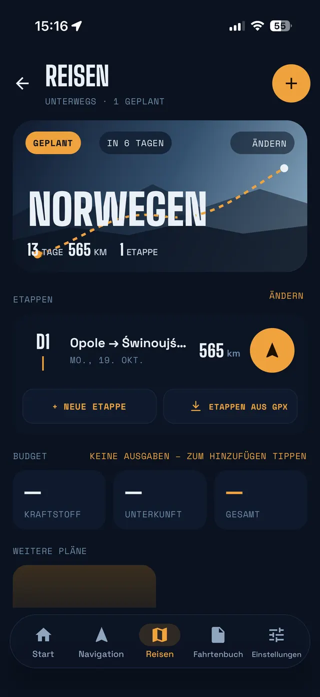 Reisen: geplante Reise Norwegen mit Etappe D1 und Budget
