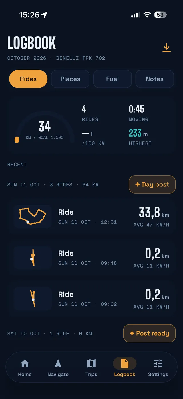 Logbook with the monthly goal and a list of rides