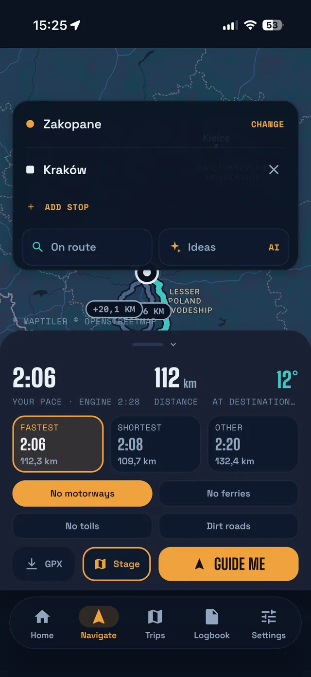 Navigation screen: route variants from Zakopane to Kraków with time and distance
