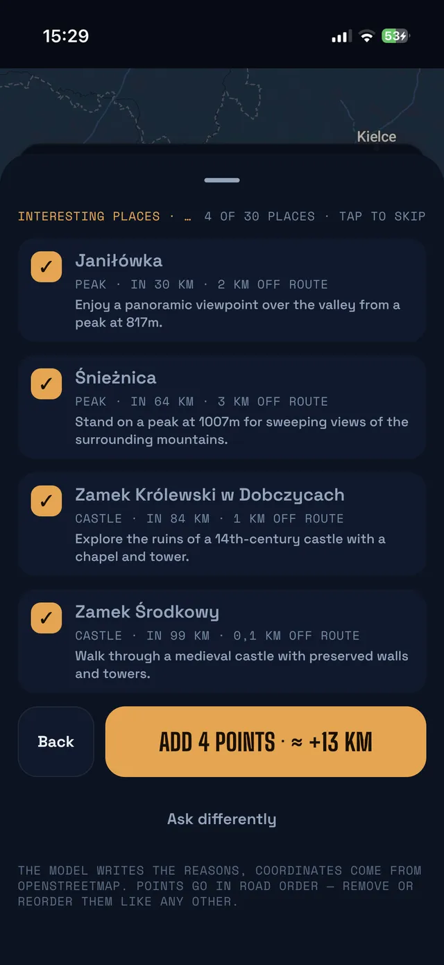 Route ideas: interesting places with their distance from the route