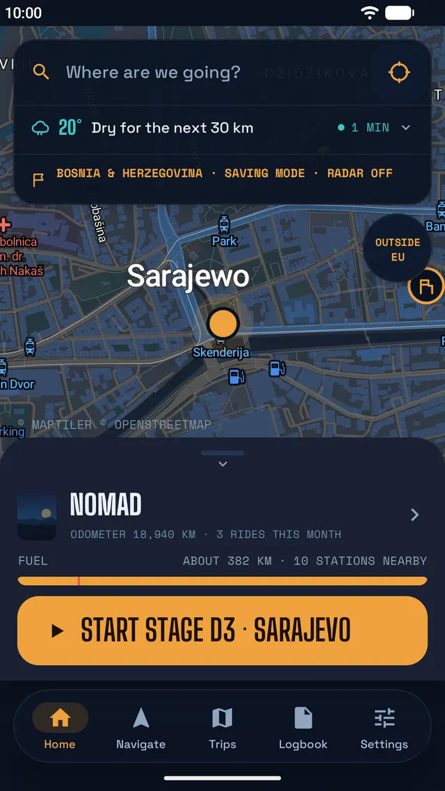Home screen in Sarajevo: weather for the next 30 km, saving mode outside the EU, fuel range and the Start stage button