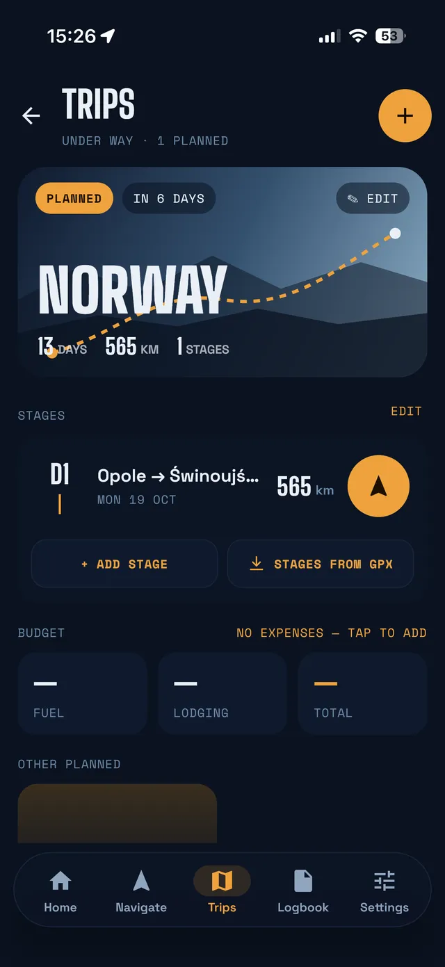 Trips screen: cover of a planned trip to Norway with its stages and budget