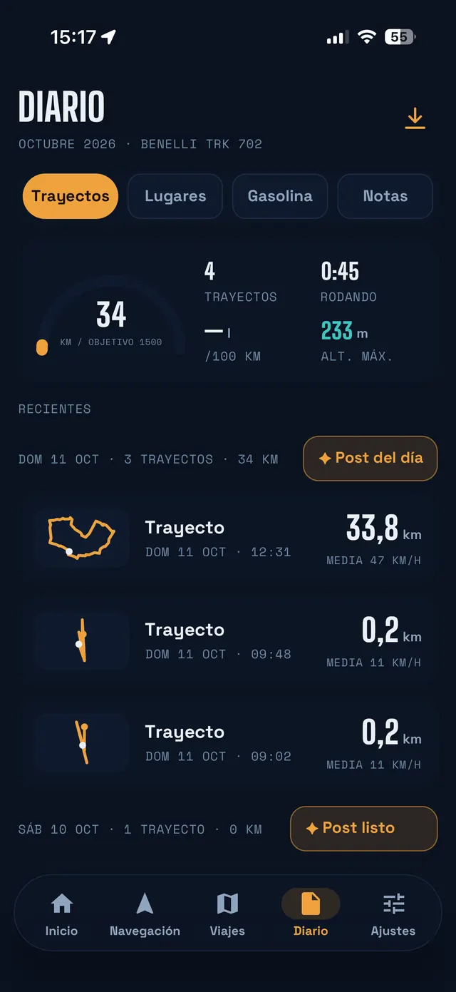 Diario con el objetivo del mes y la lista de trayectos
