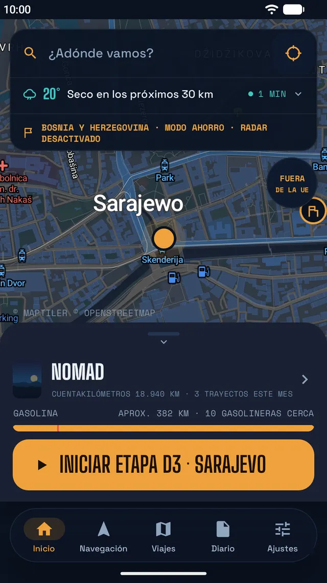 Pantalla de inicio en Sarajevo: el tiempo, modo ahorro en Bosnia y Herzegovina, fuera de la UE, y autonomía de combustible