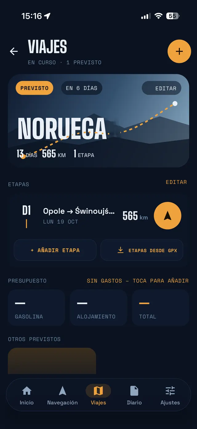 Pantalla de viajes: portada del viaje a Noruega con etapas y presupuesto