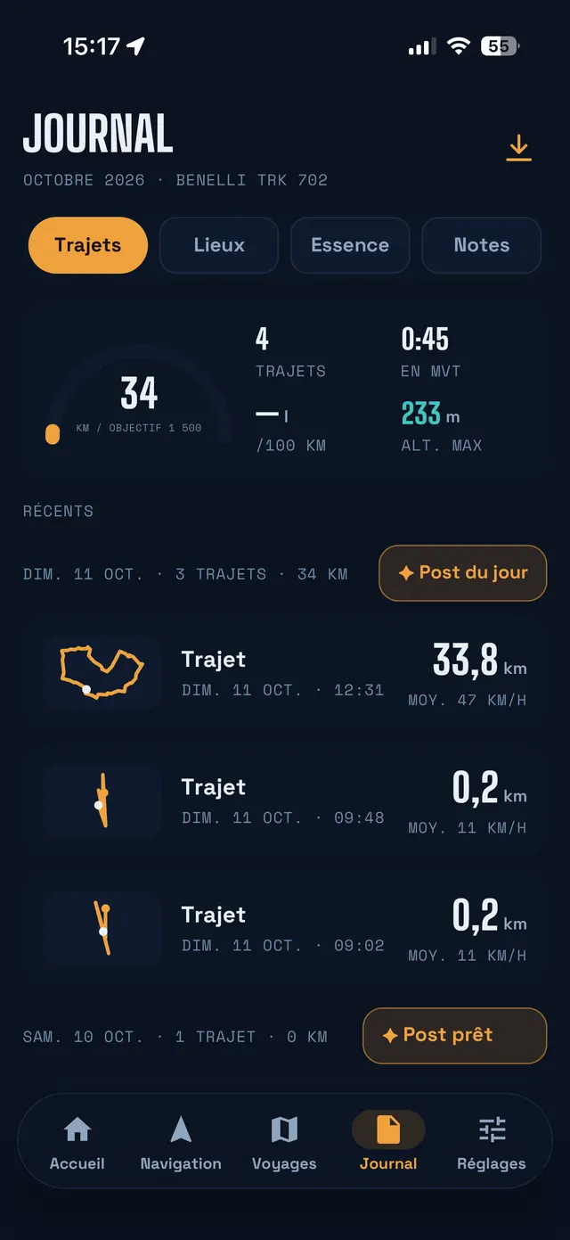 Journal avec l'objectif du mois et la liste des trajets