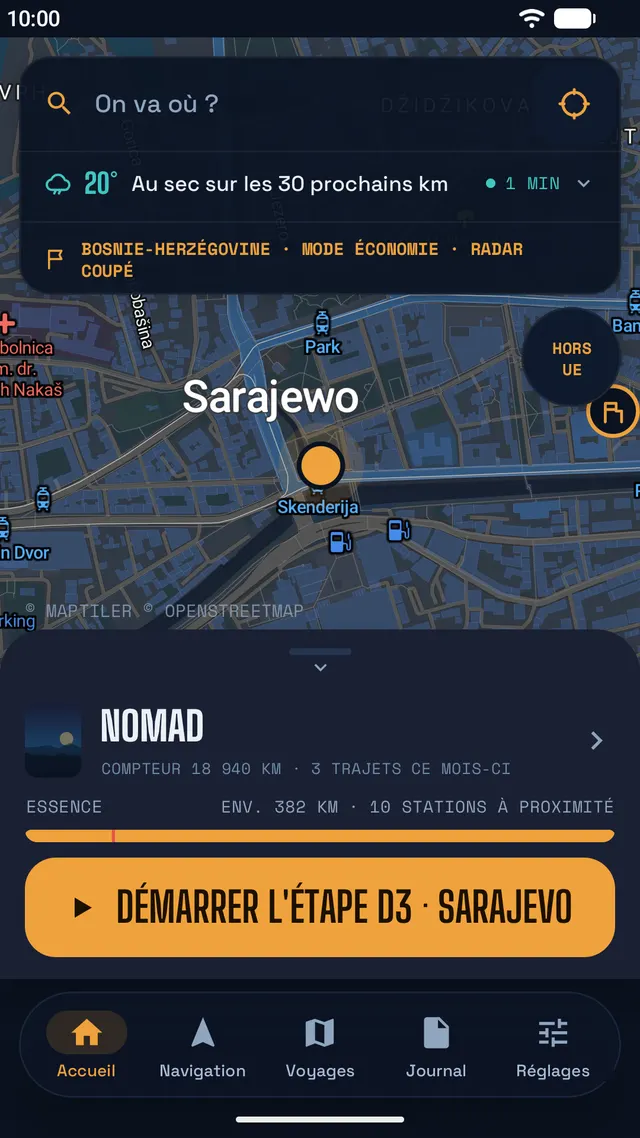 Accueil à Sarajevo : au sec sur les 30 prochains km, mode économie en Bosnie-Herzégovine, autonomie et stations à proximité