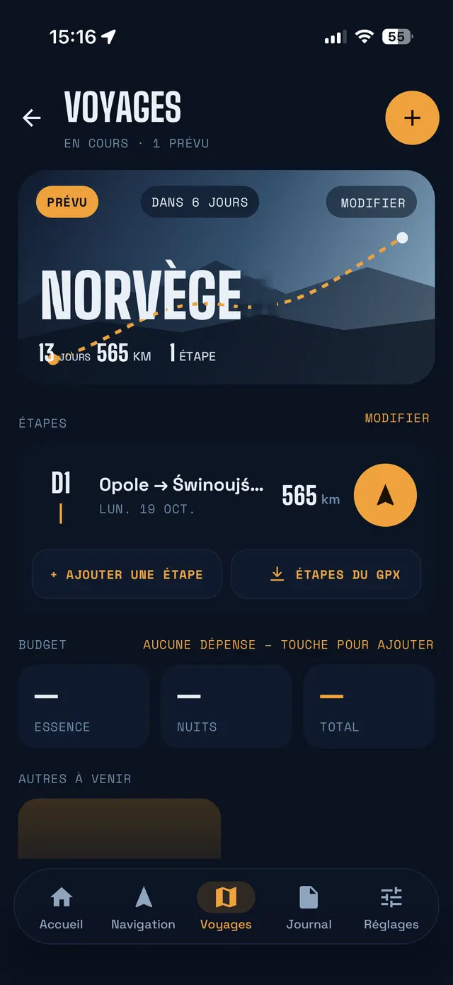 Écran Voyages : couverture du voyage Norvège avec ses étapes et son budget