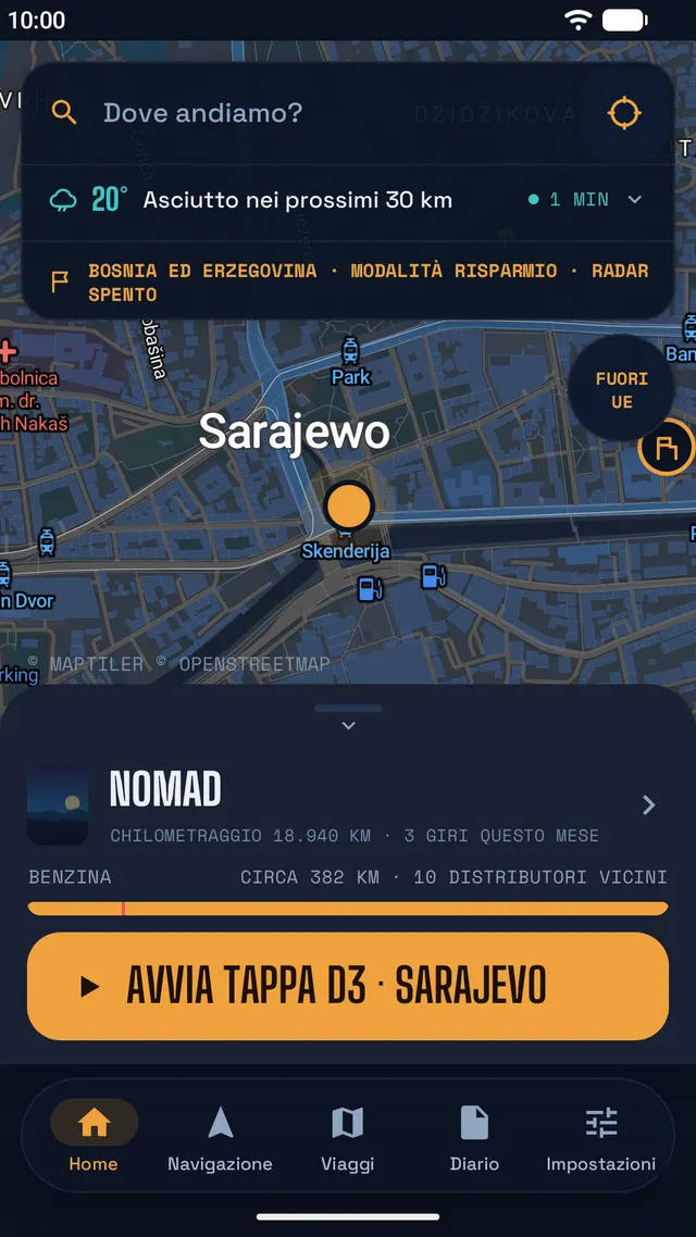 Schermata Home a Sarajevo: meteo, modalità risparmio in Bosnia ed Erzegovina fuori dall'UE, autonomia e avvio della tappa D3