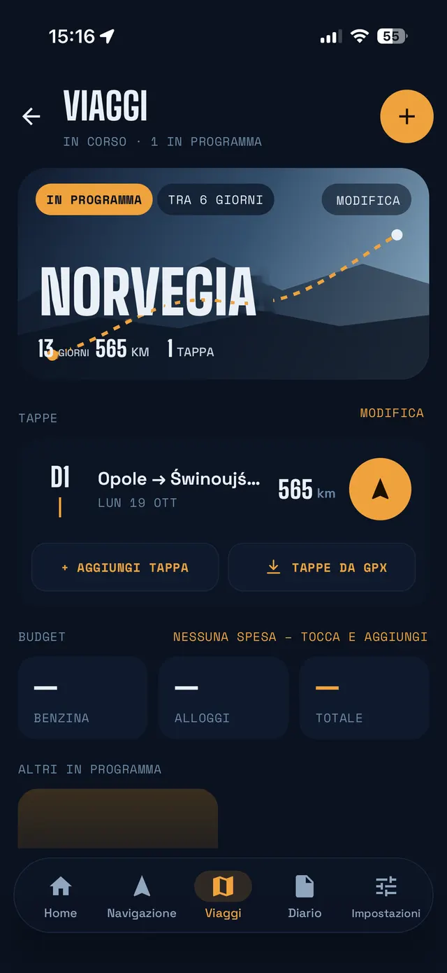 Schermata Viaggi: copertina del viaggio in Norvegia con la tappa D1 e il budget