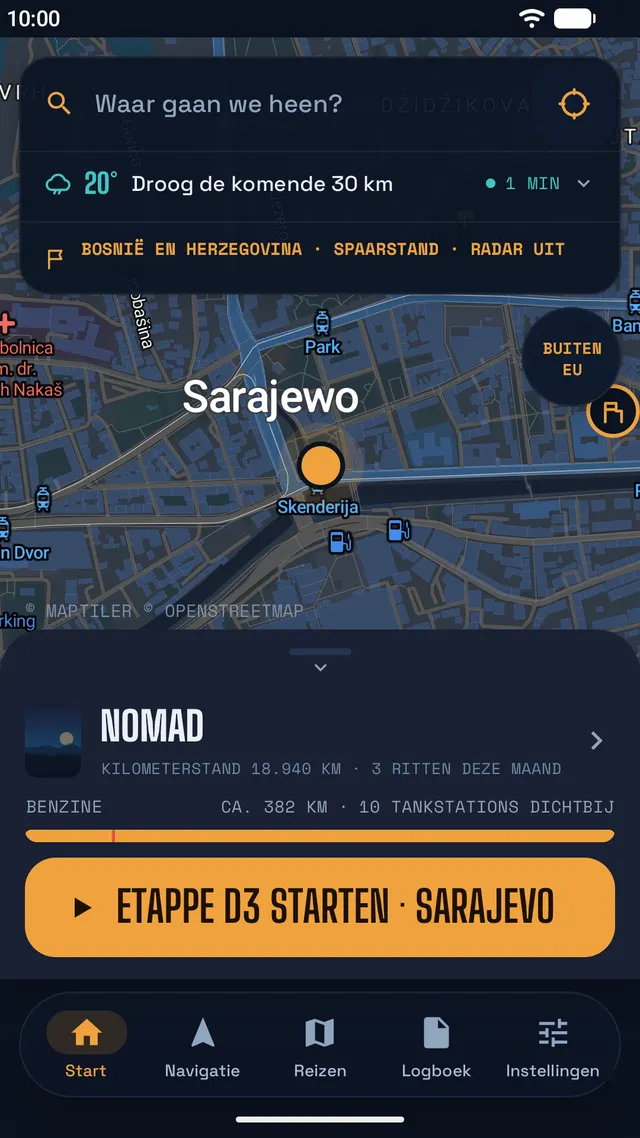 Startscherm in Sarajevo: weer, spaarstand buiten de EU, actieradius en de knop om etappe D3 te starten