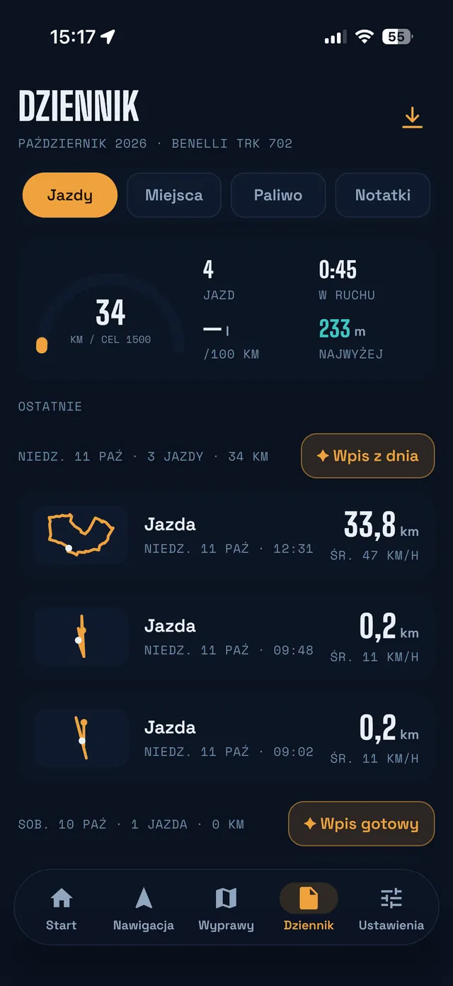 Dziennik z miesięcznym celem i listą jazd