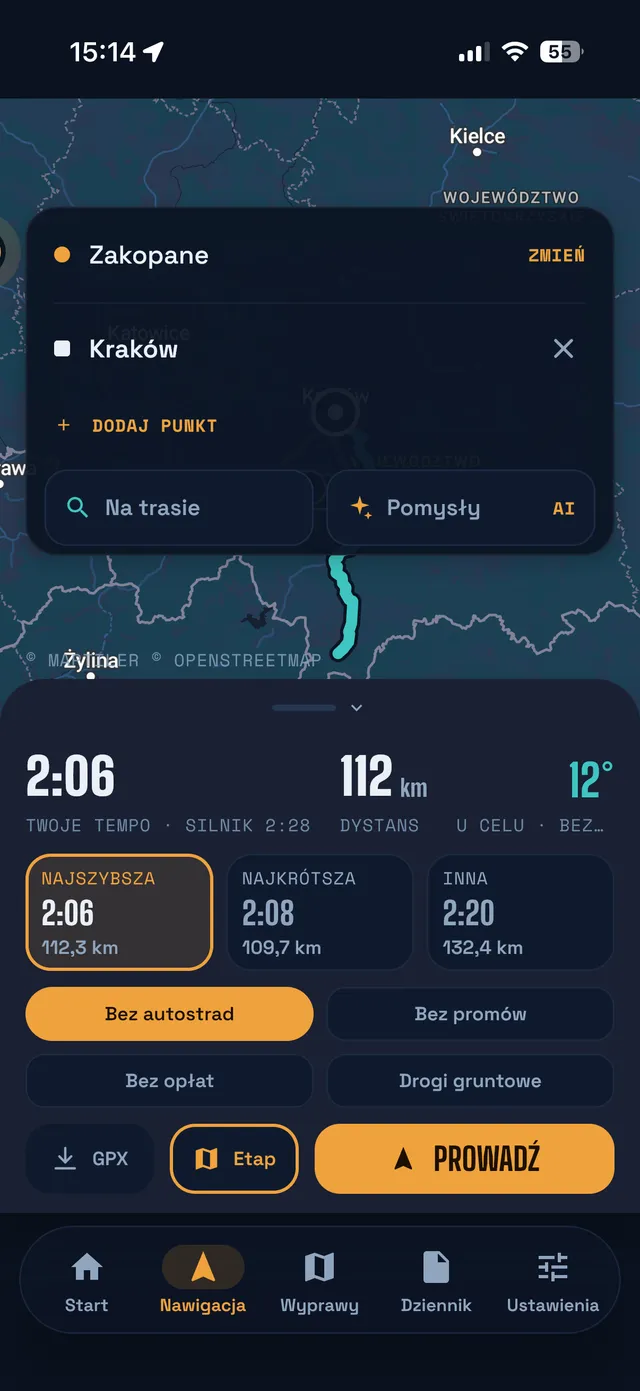 Warianty trasy z czasem i dystansem