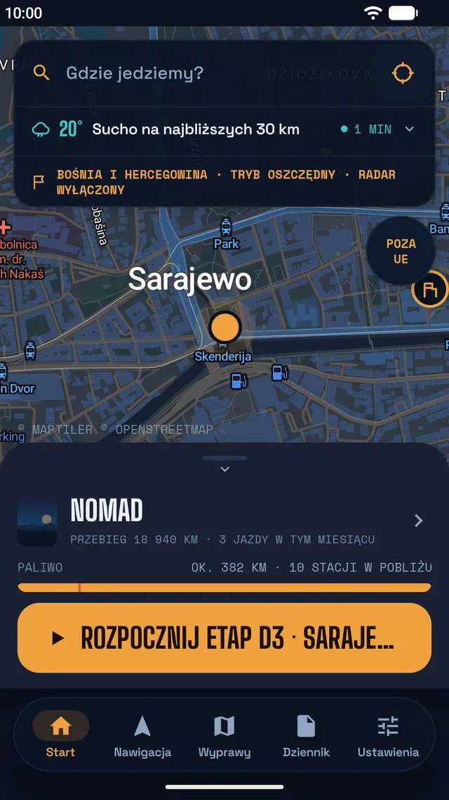 Ekran startowy w Sarajewie: pogoda, tryb oszczędny poza UE, zasięg paliwa