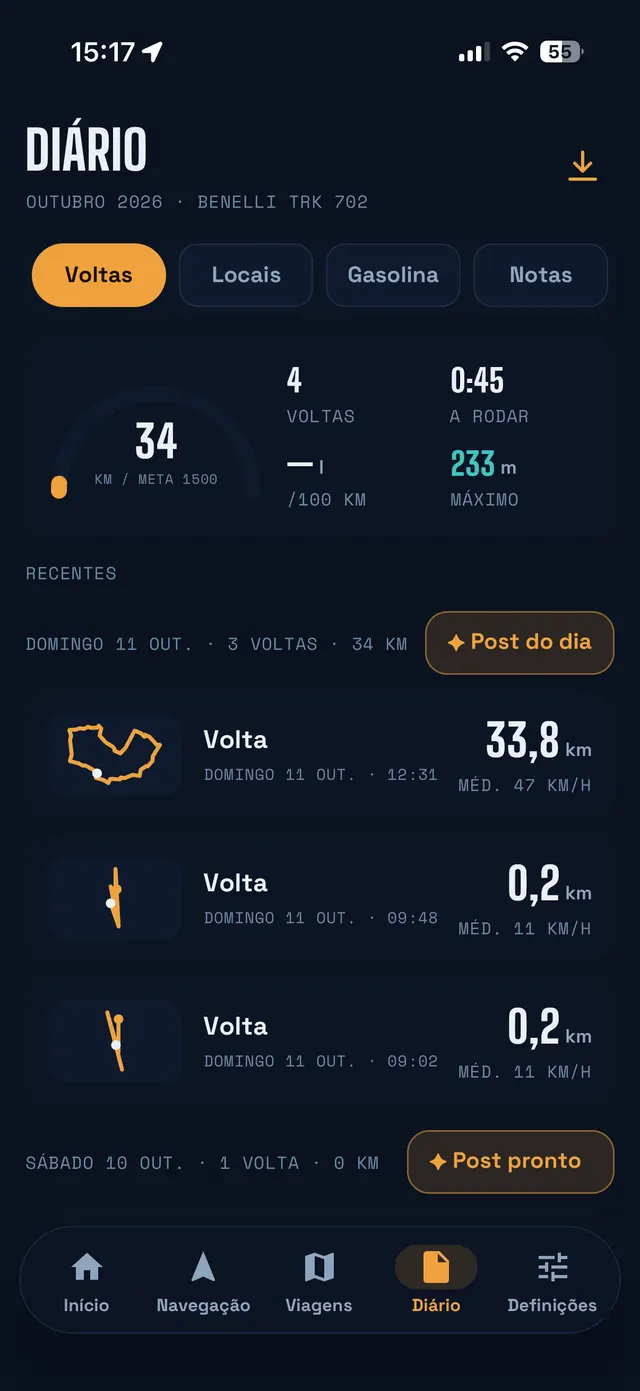 Diário com objetivo mensal e lista de voltas