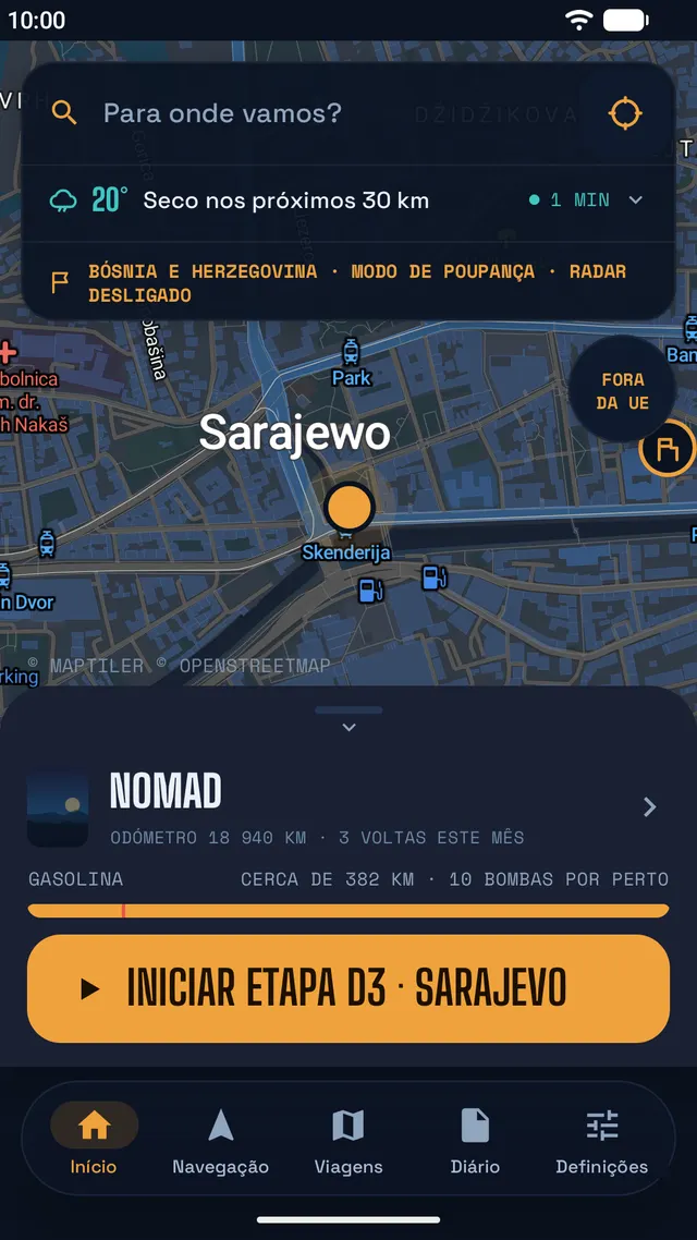 Ecrã inicial em Sarajevo: tempo seco nos próximos 30 km, modo de poupança fora da UE, autonomia de combustível