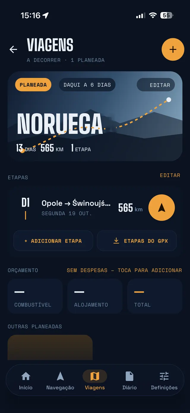 Ecrã de viagens: capa da viagem Noruega com etapas e orçamento