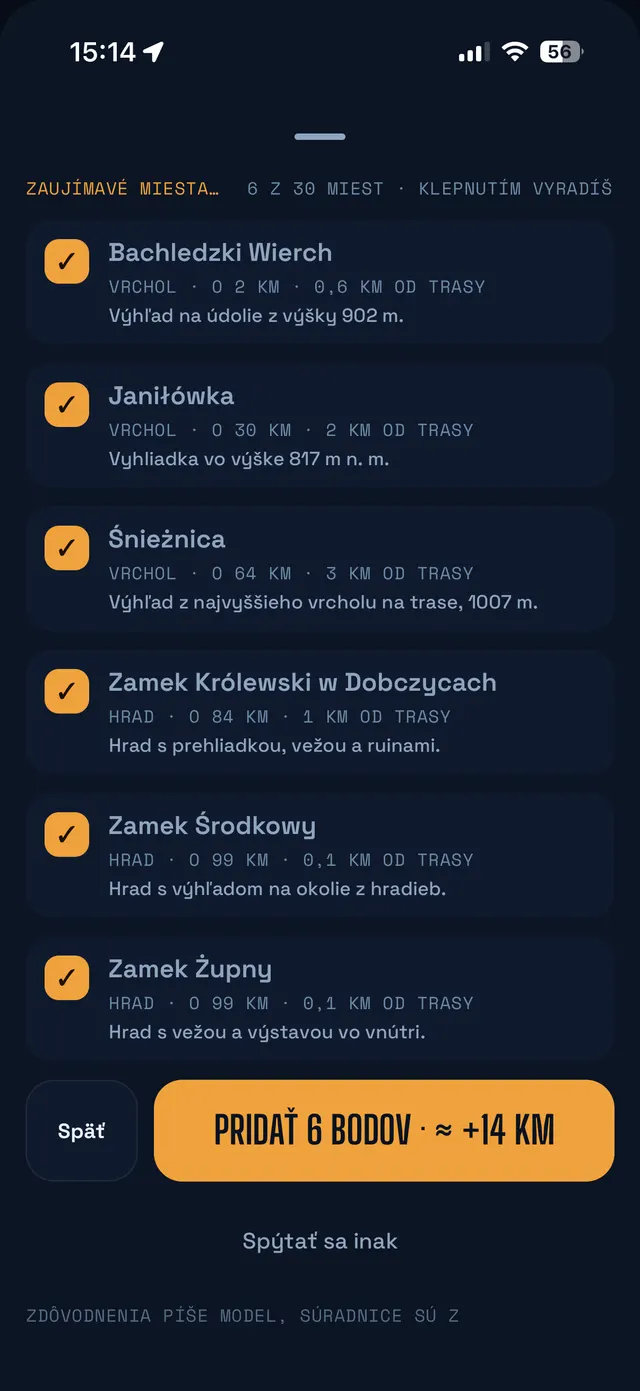 Nápady na trasu: zoznam vrcholov a hradov so vzdialenosťou od trasy