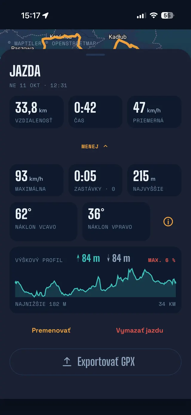 Podrobnosti o jazde: vzdialenosť, čas, rýchlosti, náklon a výškový profil