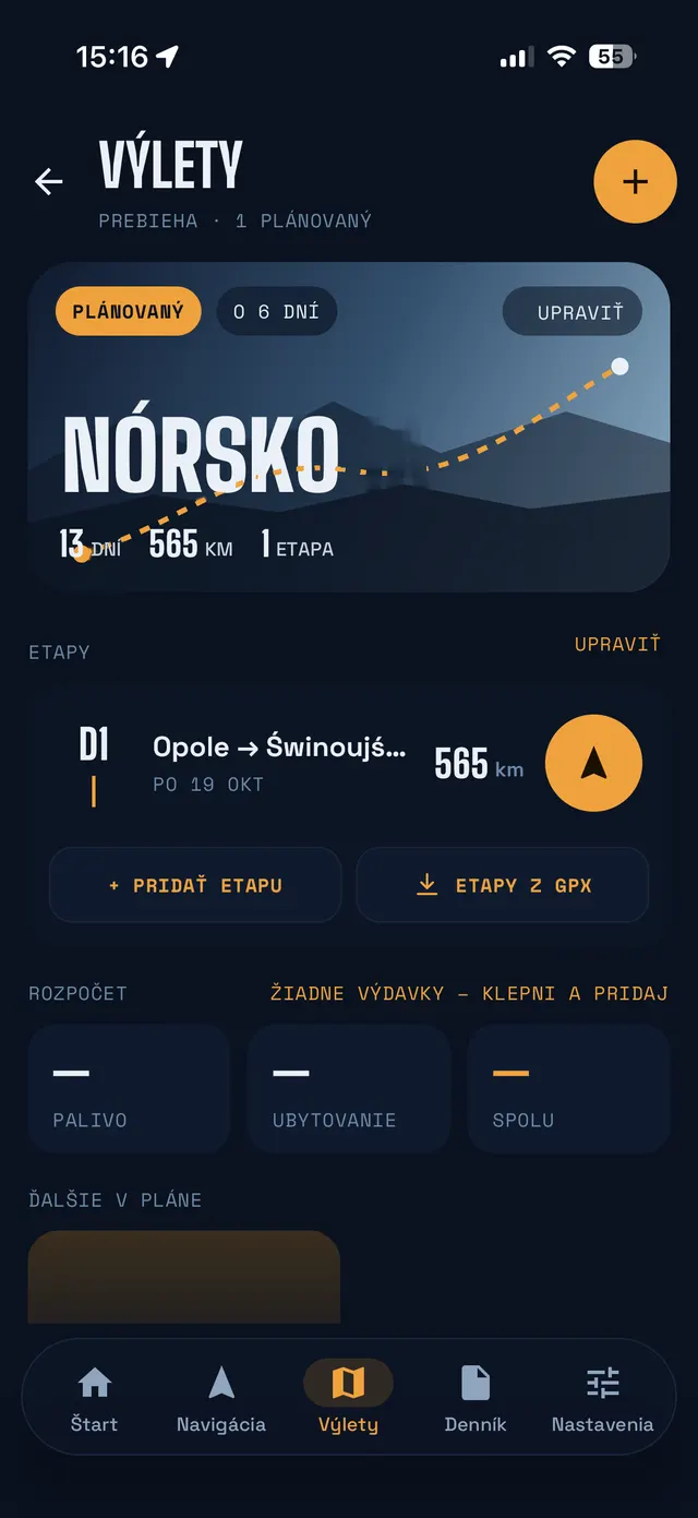 Výlety: obálka výletu Nórsko s etapou D1 a rozpočtom